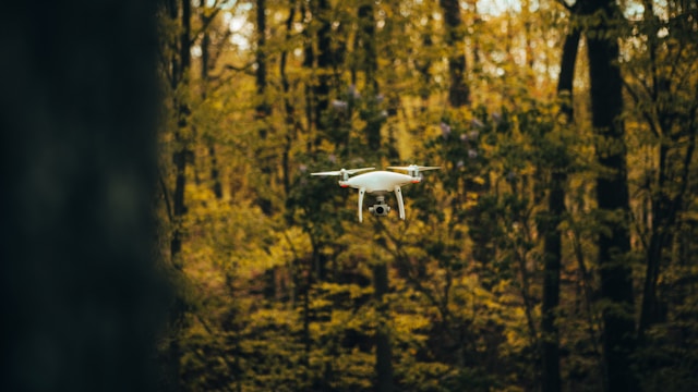 Drone flying over a forest for environmental monitoring