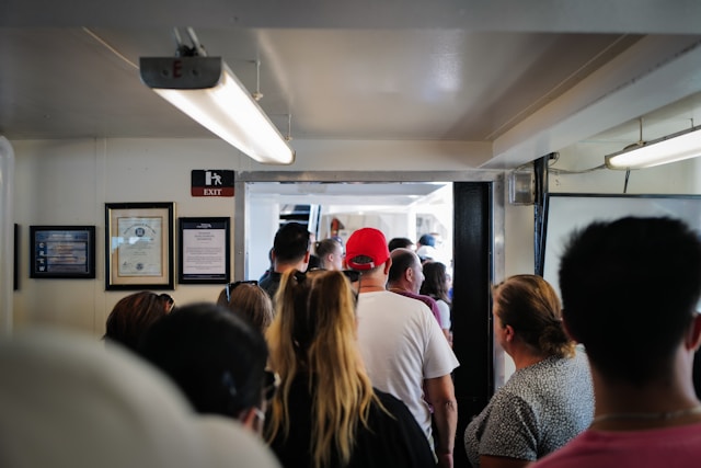 People standing in line at a bank