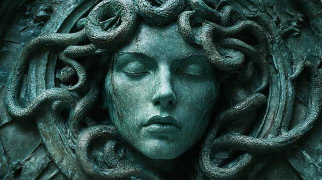 Ancient statue of Medusa with snake hair