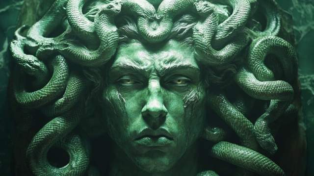Artistic depiction of Medusa's transformation with snake hair