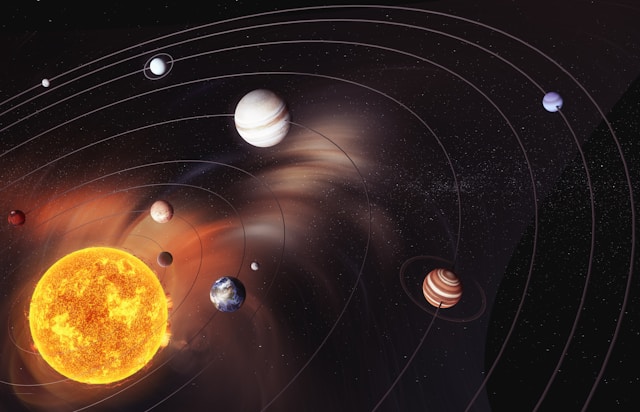 Illustration showing planets, moons, asteroids, and comets in the solar system