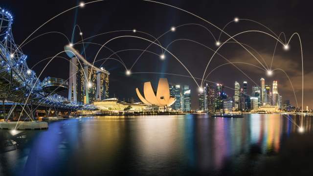 Singapore cityscape with digital twin overlay illustrating infrastructure management