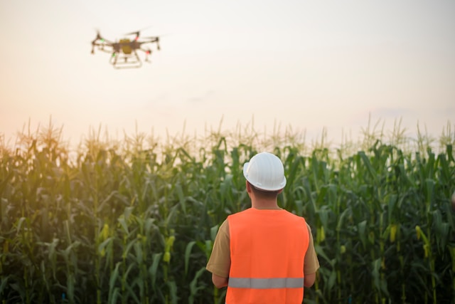 Drone flying over farmland for precision agriculture monitoring