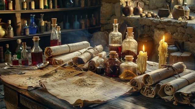 Medieval alchemist lab with glassware and ancient texts